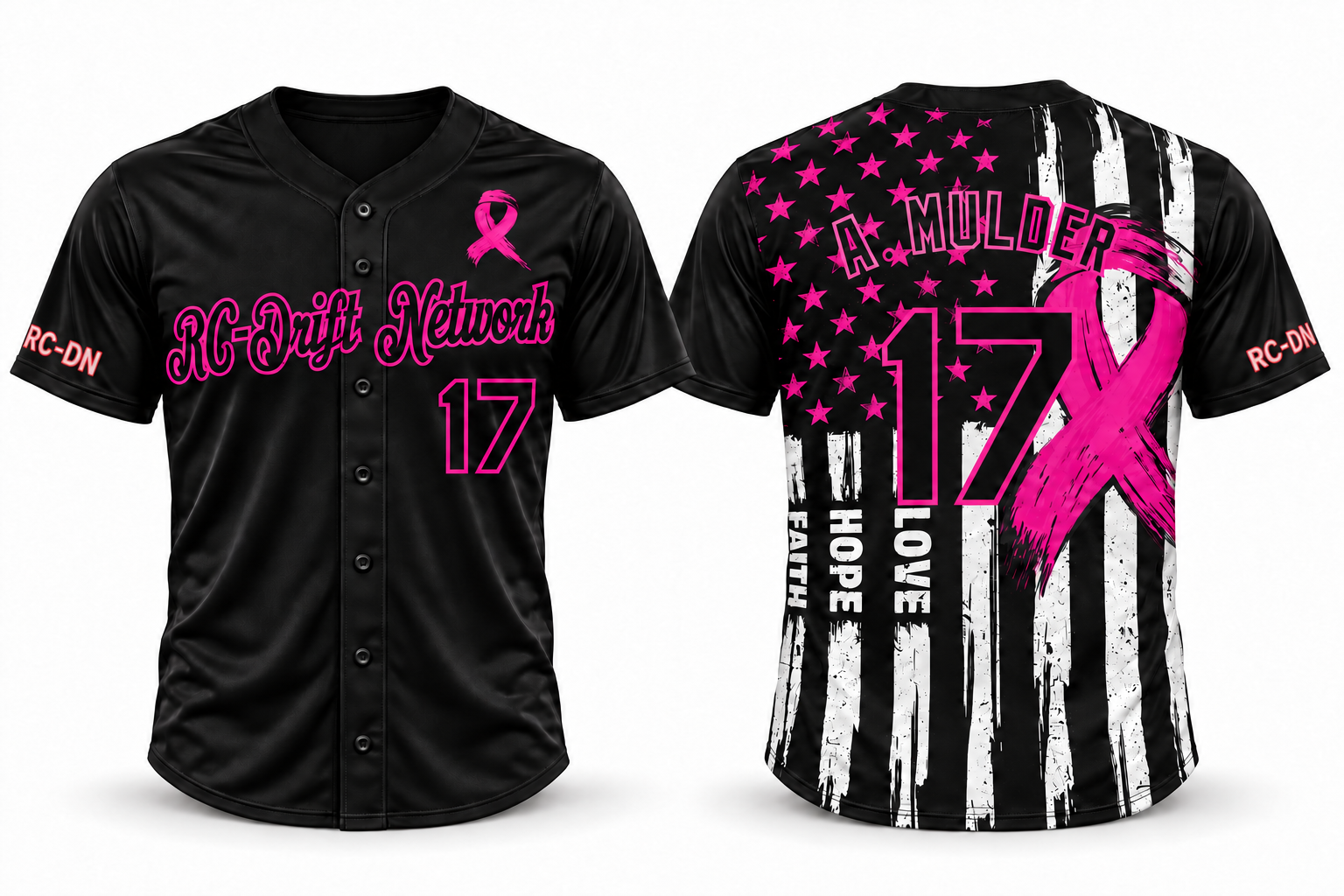 Front and back views of the RCDN Breast Cancer Awareness Jersey
